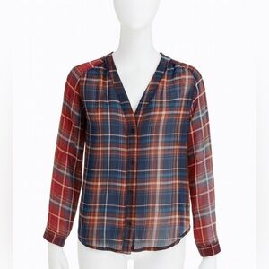 Anthropologie Maeve S V neck long sleeve rust, blue & green blouse/tunic